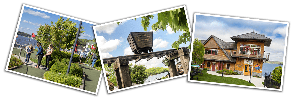 Three boxed images of the golf club including course holes