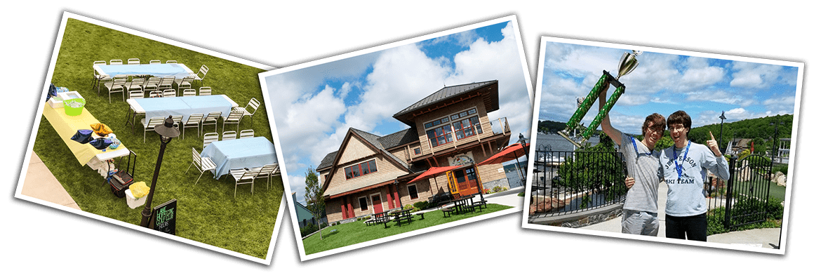 Three images of Golf Club including building and men holding a trophy