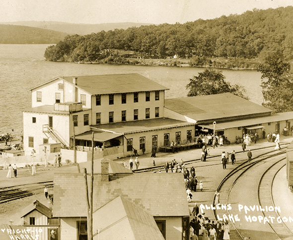 An overhead view of a crowd of people in front of Allen's Pavilion.